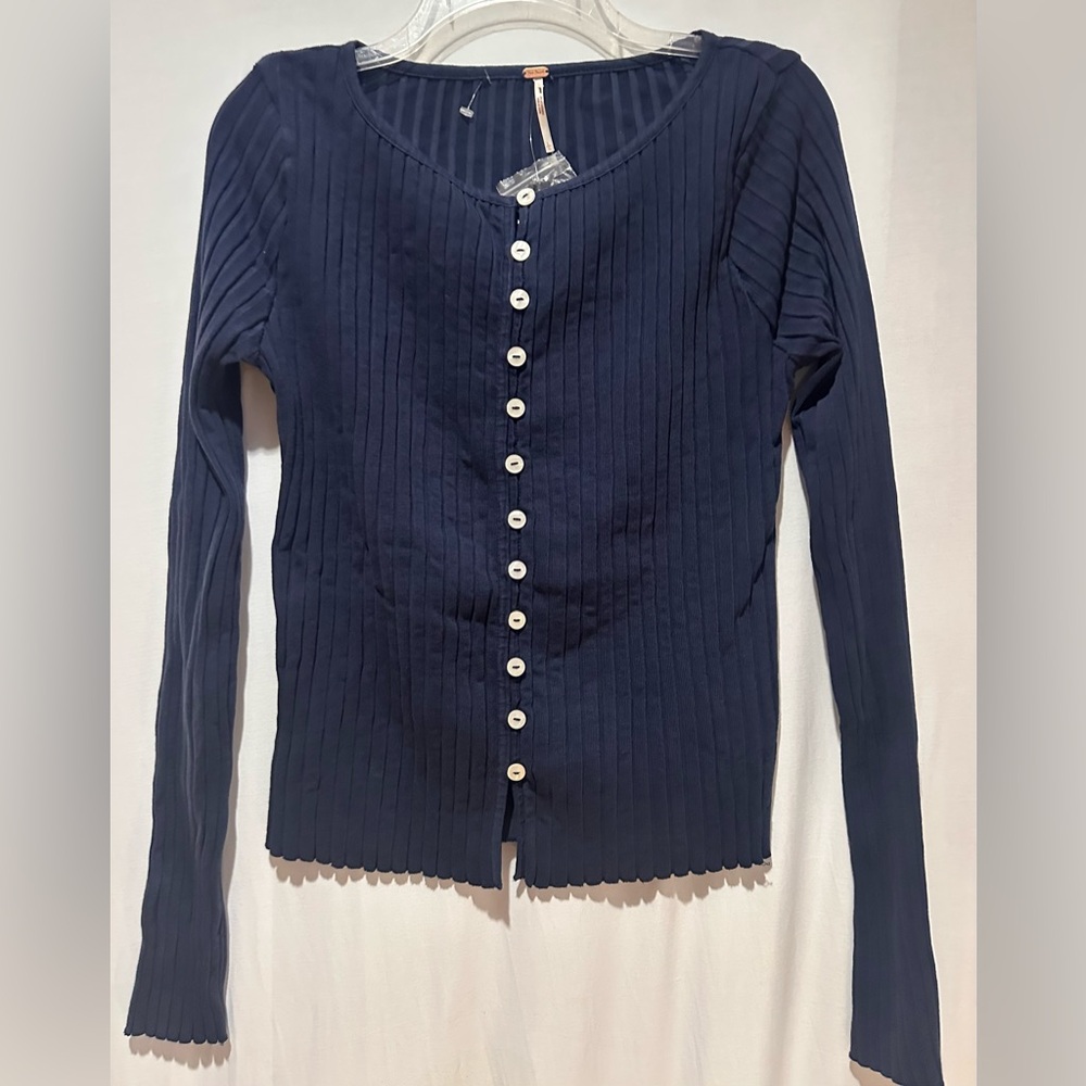 Free People Navy Blue Tilly Long Sleeve Top - Size L